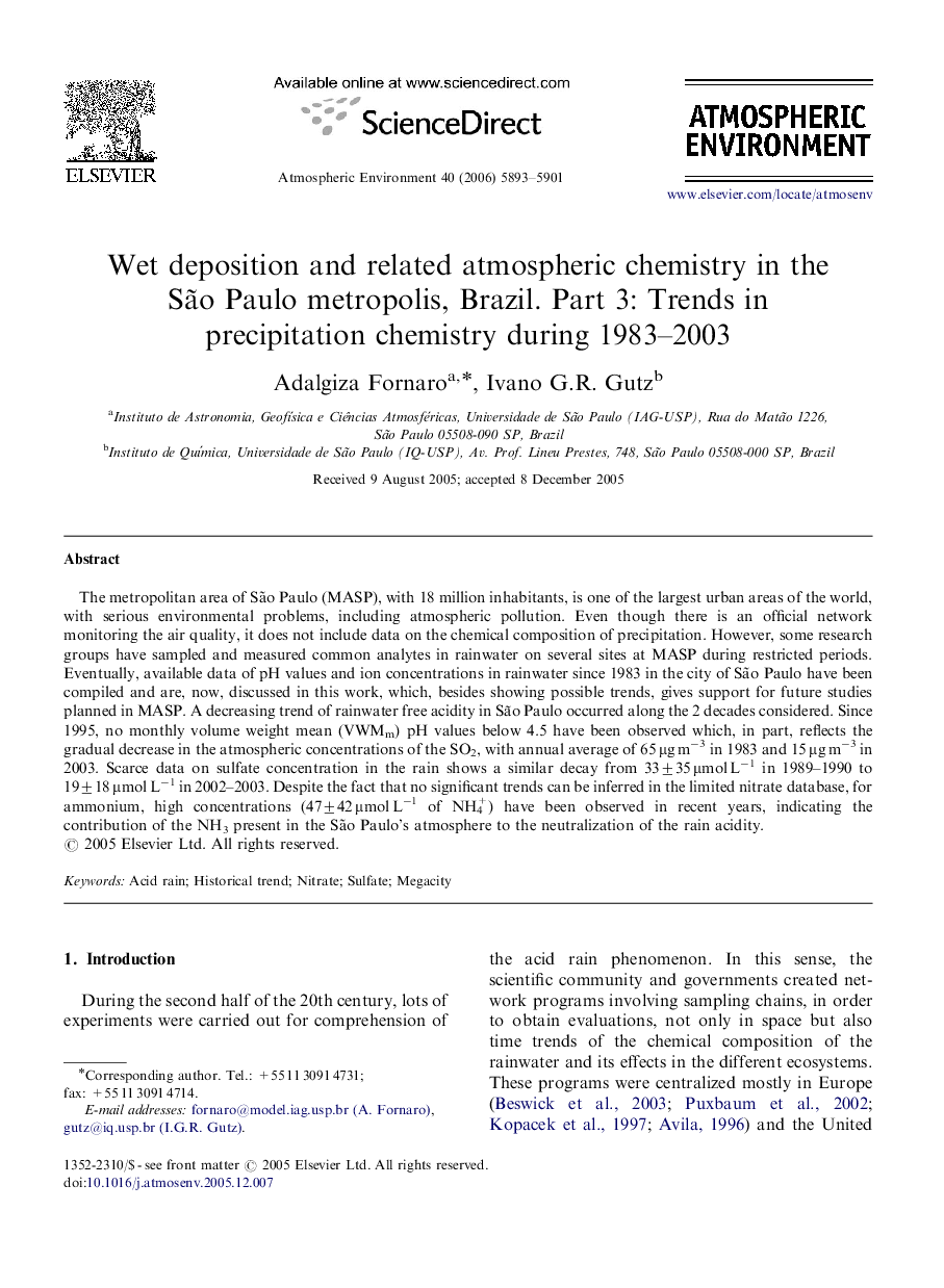 Wet deposition and related atmospheric chemistry in the São Paulo metropolis, Brazil. Part 3: Trends in precipitation chemistry during 1983–2003