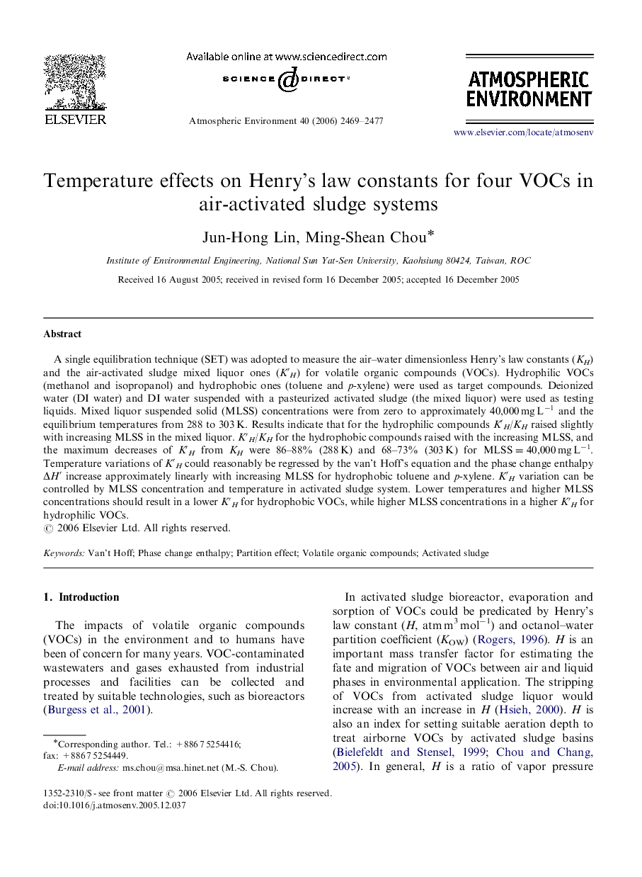 Temperature effects on Henry's law constants for four VOCs in air-activated sludge systems