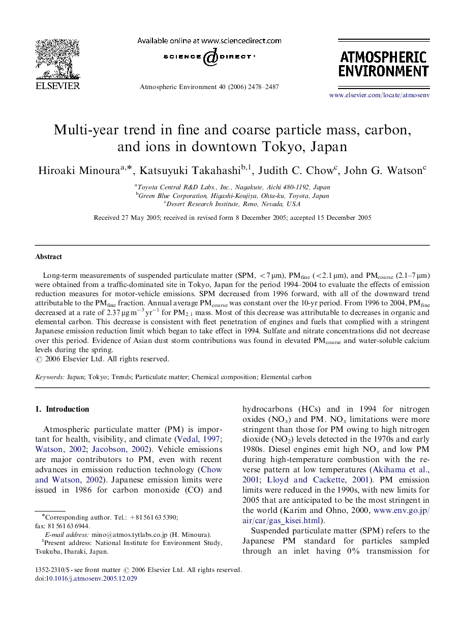 Multi-year trend in fine and coarse particle mass, carbon, and ions in downtown Tokyo, Japan