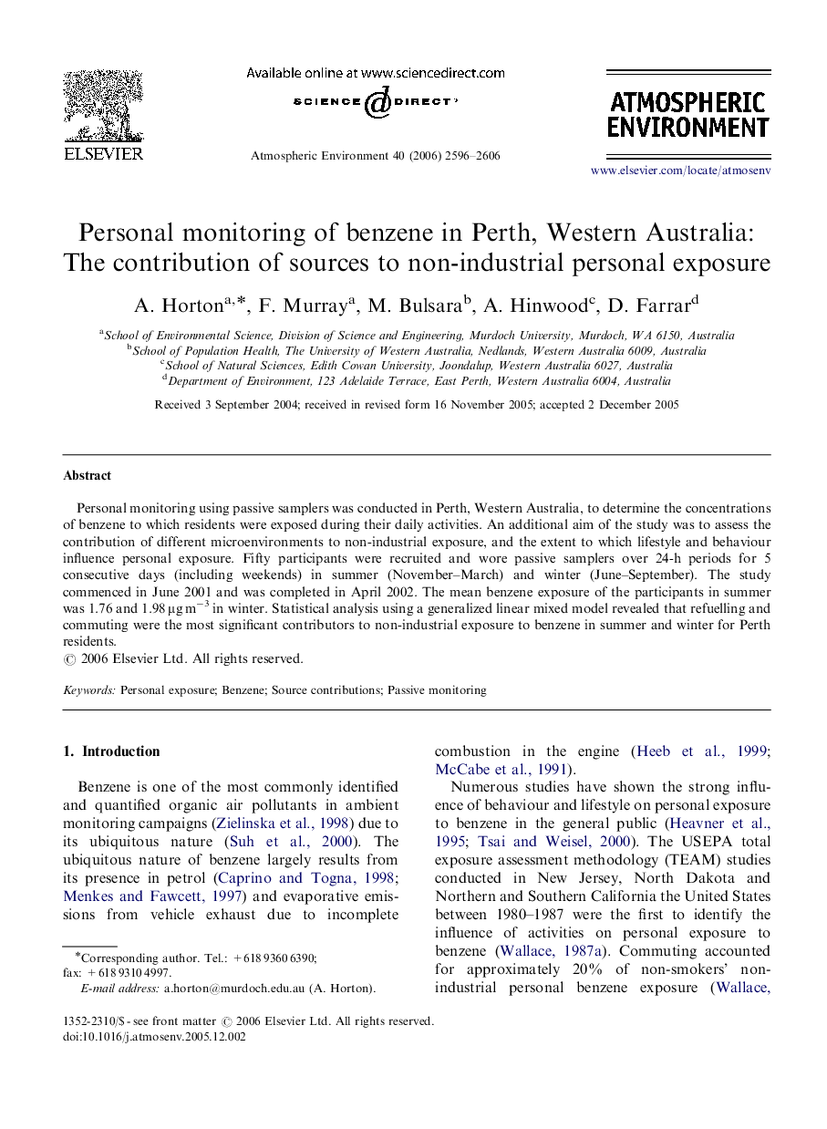 Personal monitoring of benzene in Perth, Western Australia: The contribution of sources to non-industrial personal exposure