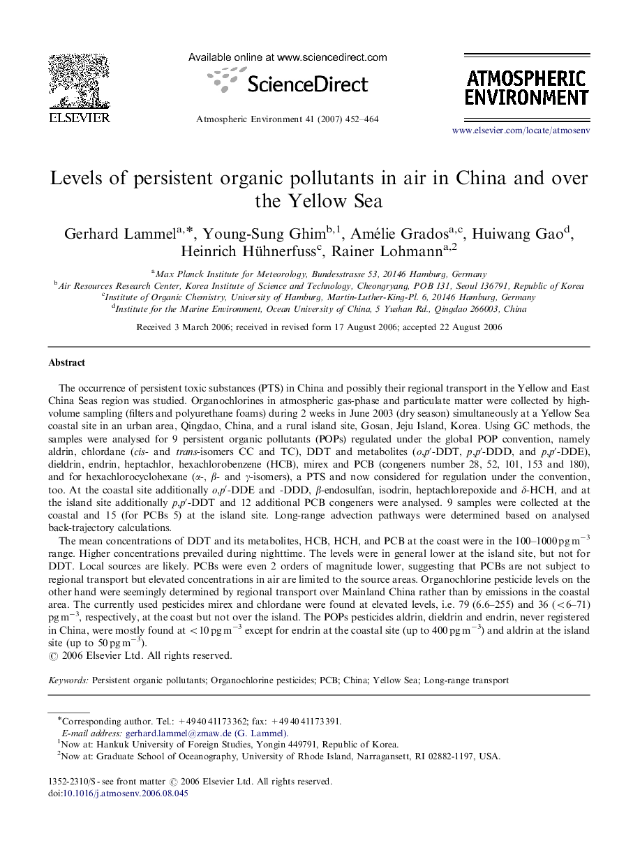 Levels of persistent organic pollutants in air in China and over the Yellow Sea