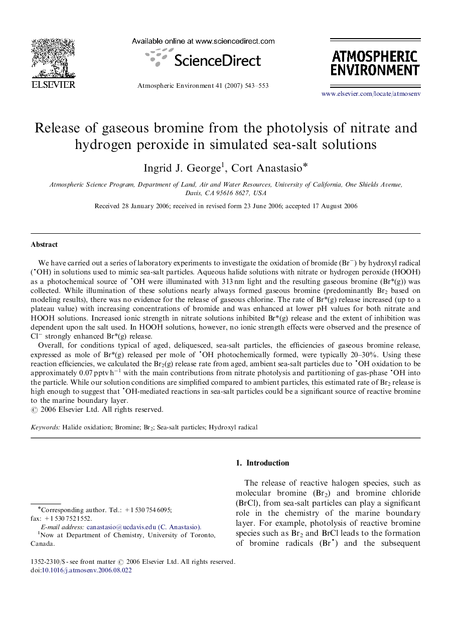 Release of gaseous bromine from the photolysis of nitrate and hydrogen peroxide in simulated sea-salt solutions