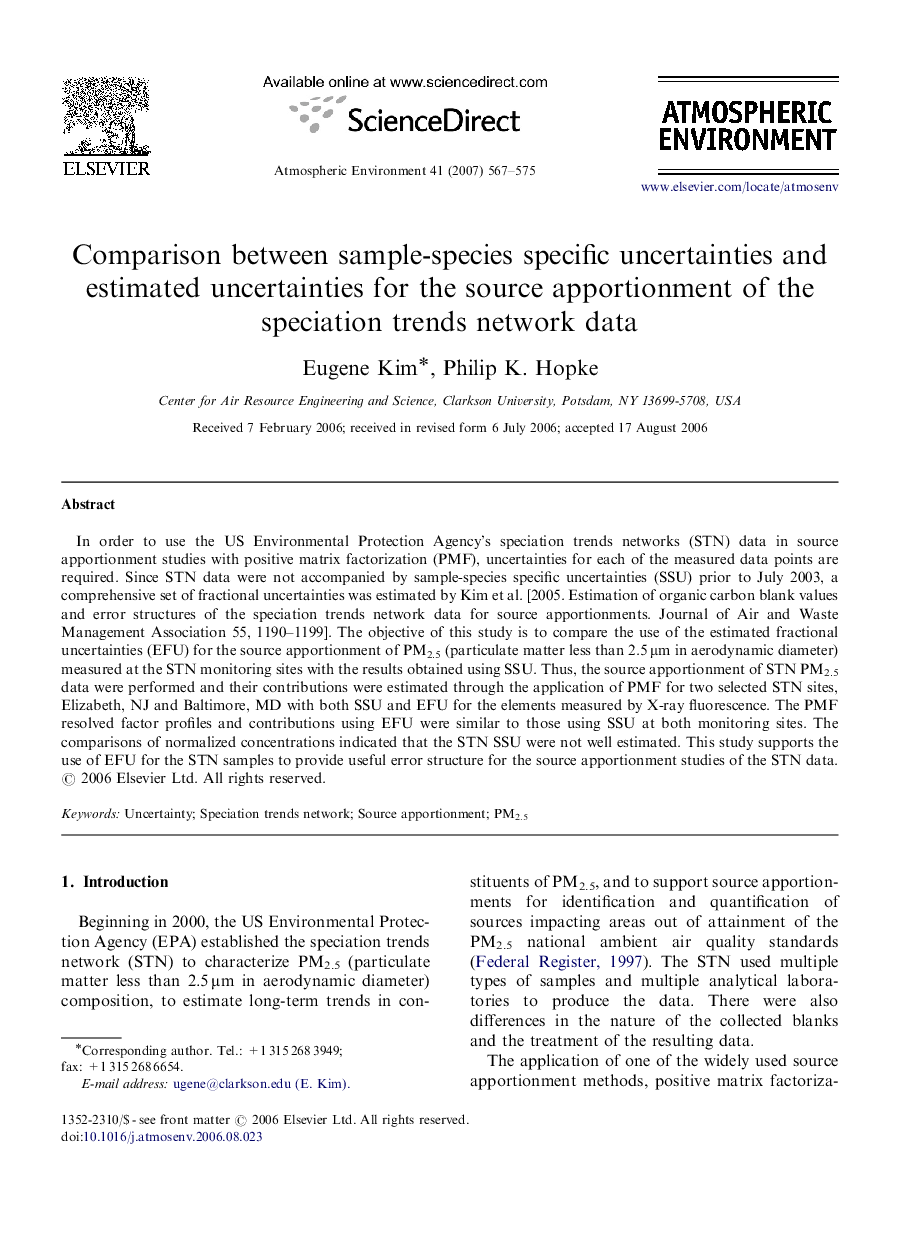 Comparison between sample-species specific uncertainties and estimated uncertainties for the source apportionment of the speciation trends network data