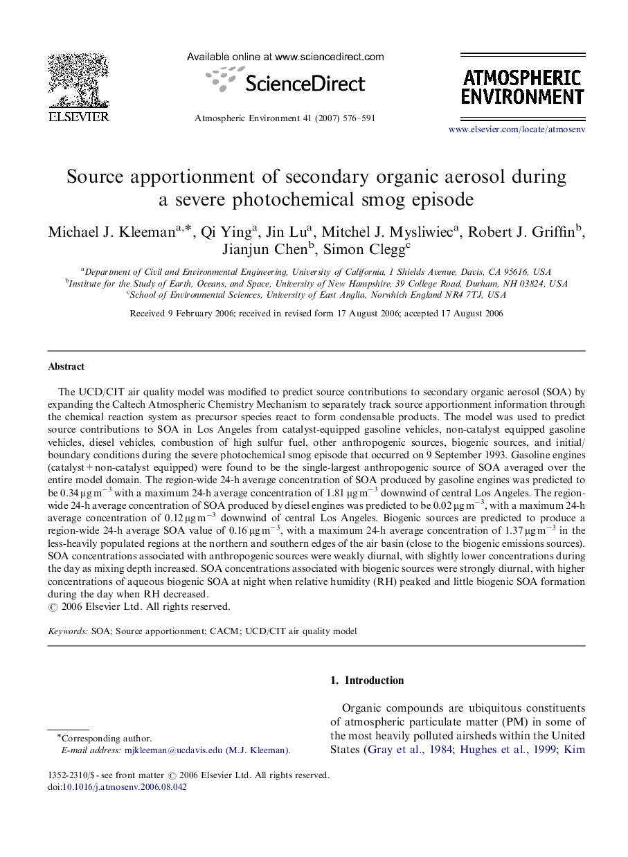 Source apportionment of secondary organic aerosol during a severe photochemical smog episode