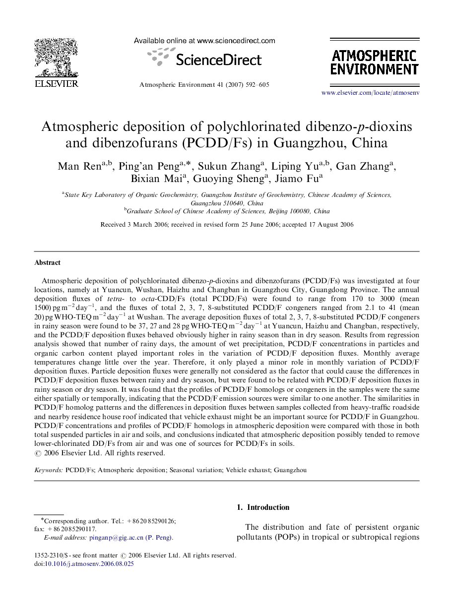 Atmospheric deposition of polychlorinated dibenzo-p-dioxins and dibenzofurans (PCDD/Fs) in Guangzhou, China