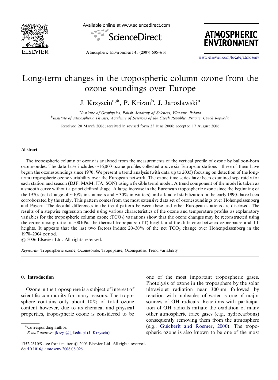 Long-term changes in the tropospheric column ozone from the ozone soundings over Europe