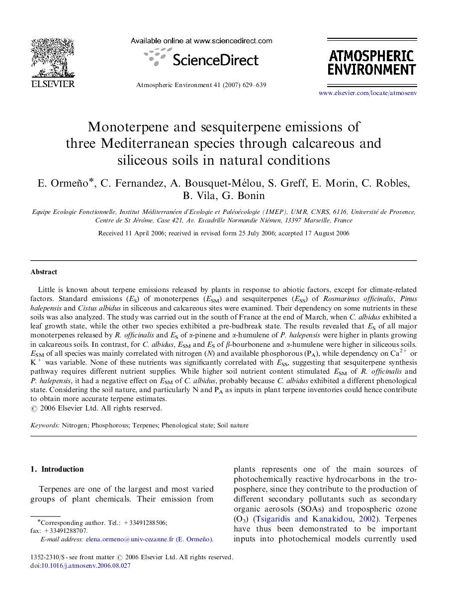 Monoterpene and sesquiterpene emissions of three Mediterranean species through calcareous and siliceous soils in natural conditions