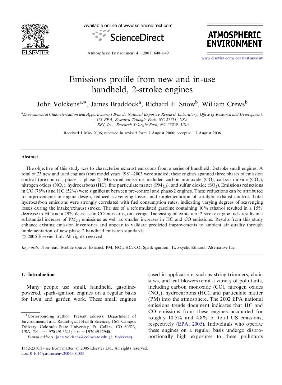 Emissions profile from new and in-use handheld, 2-stroke engines