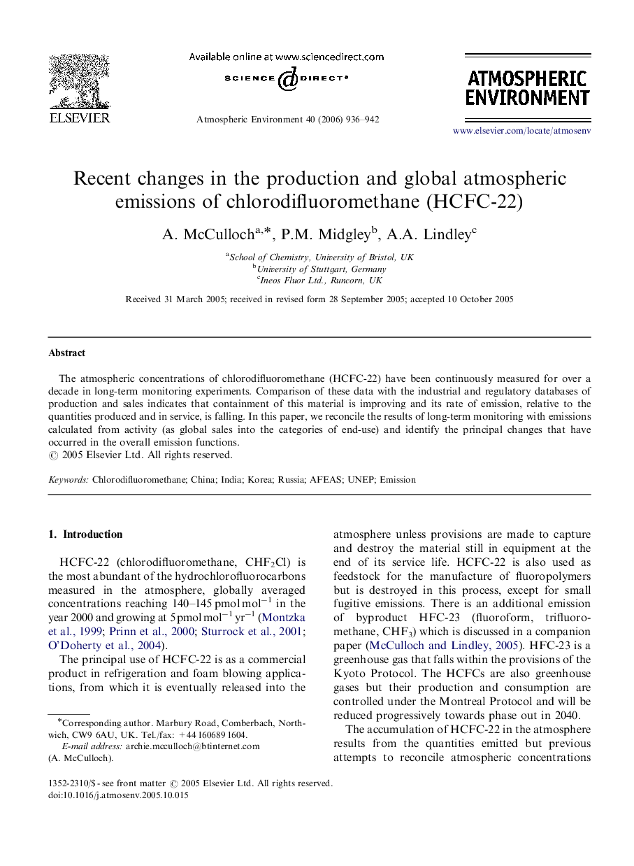 Recent changes in the production and global atmospheric emissions of chlorodifluoromethane (HCFC-22)