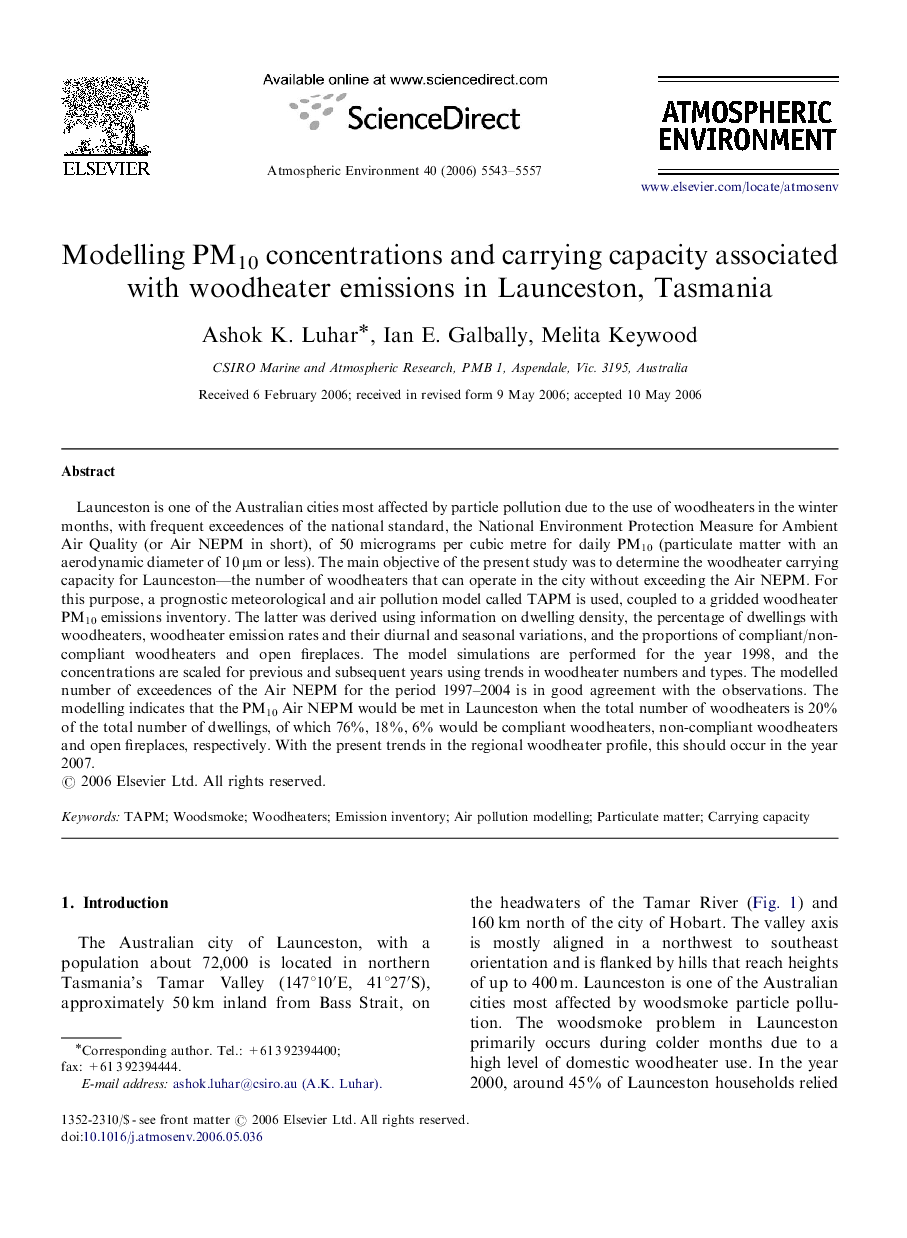 Modelling PM10 concentrations and carrying capacity associated with woodheater emissions in Launceston, Tasmania