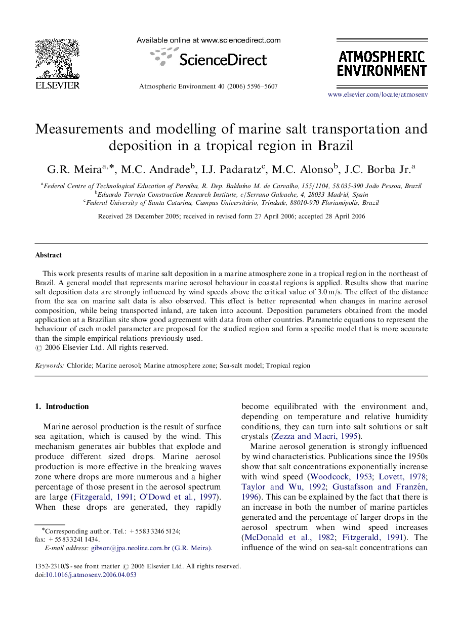 Measurements and modelling of marine salt transportation and deposition in a tropical region in Brazil