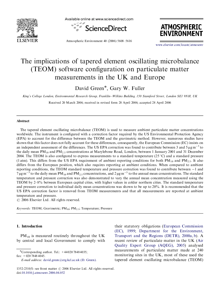 The implications of tapered element oscillating microbalance (TEOM) software configuration on particulate matter measurements in the UK and Europe