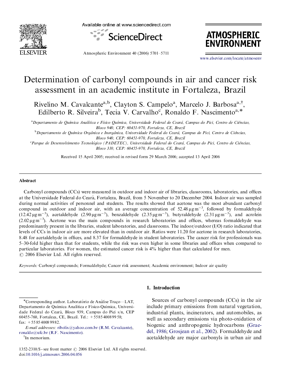 Determination of carbonyl compounds in air and cancer risk assessment in an academic institute in Fortaleza, Brazil