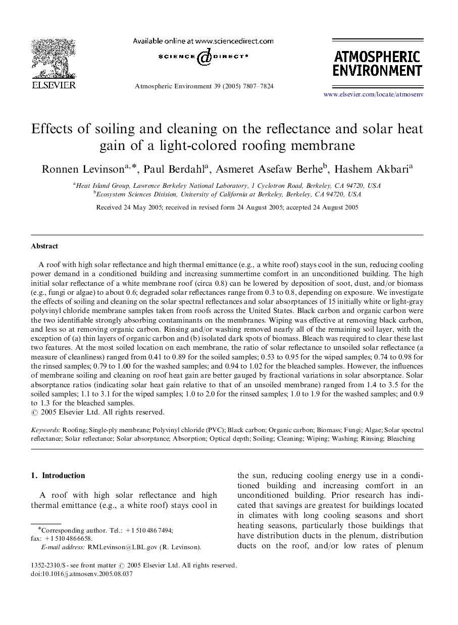 Effects of soiling and cleaning on the reflectance and solar heat gain of a light-colored roofing membrane