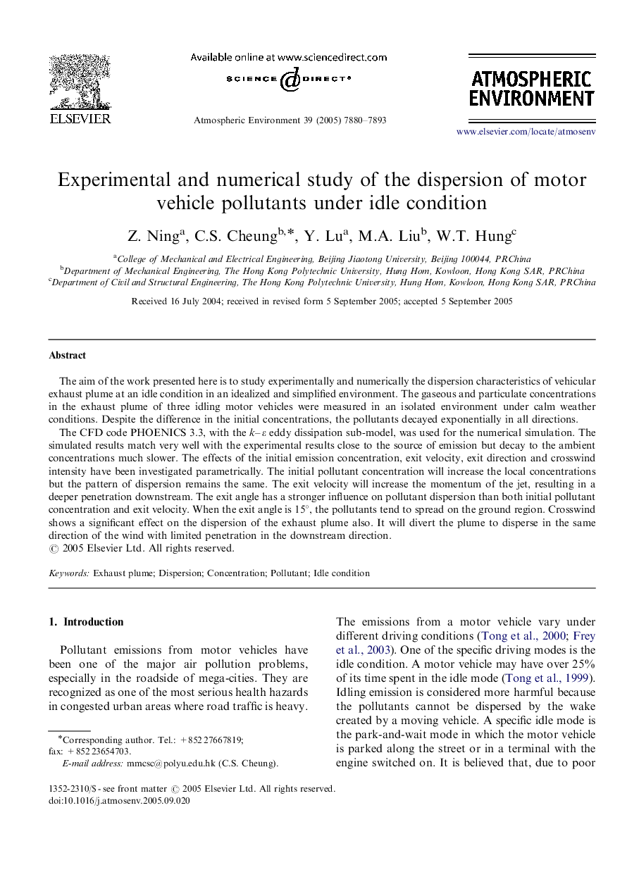 Experimental and numerical study of the dispersion of motor vehicle pollutants under idle condition