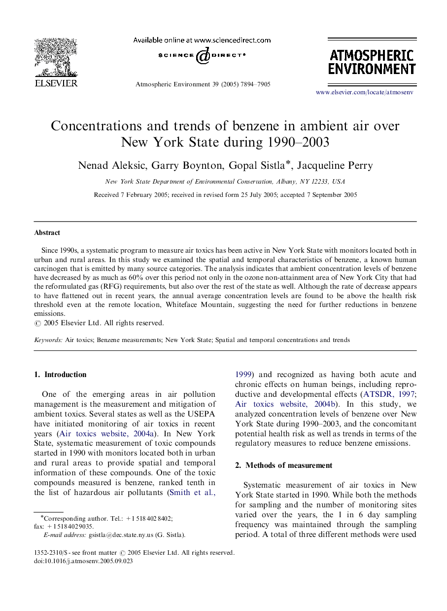 Concentrations and trends of benzene in ambient air over New York State during 1990–2003