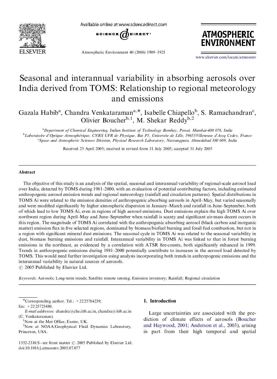 Seasonal and interannual variability in absorbing aerosols over India derived from TOMS: Relationship to regional meteorology and emissions