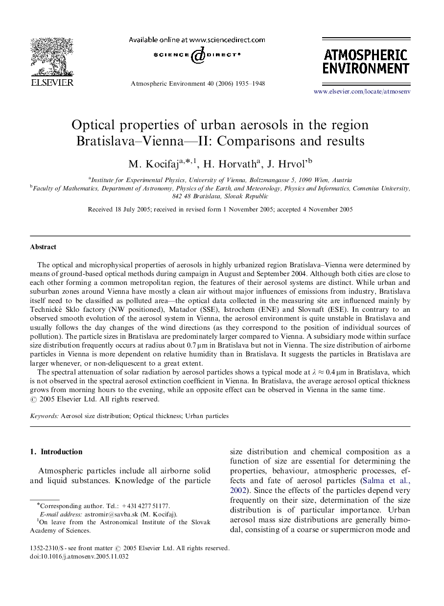 Optical properties of urban aerosols in the region Bratislava–Vienna—II: Comparisons and results