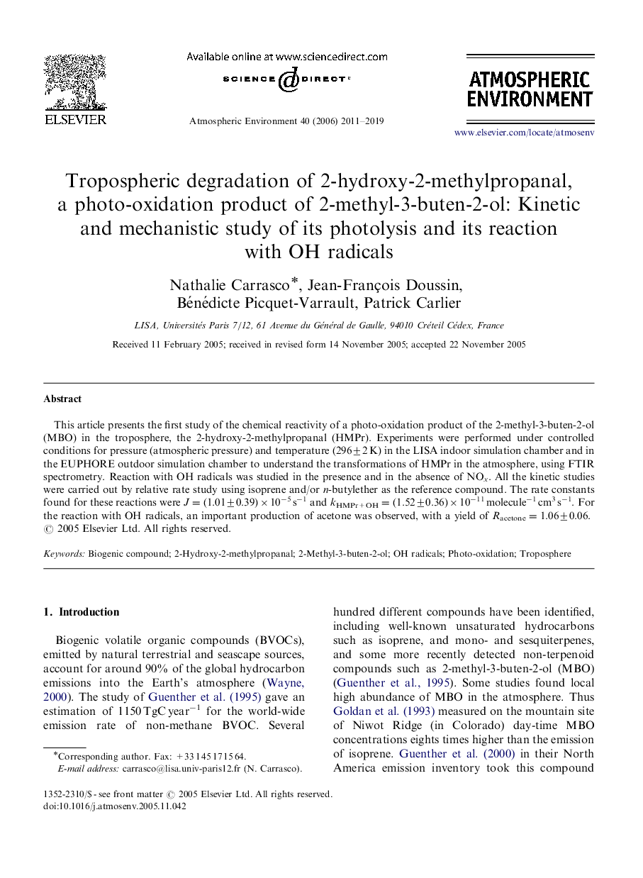 Tropospheric degradation of 2-hydroxy-2-methylpropanal, a photo-oxidation product of 2-methyl-3-buten-2-ol: Kinetic and mechanistic study of its photolysis and its reaction with OH radicals