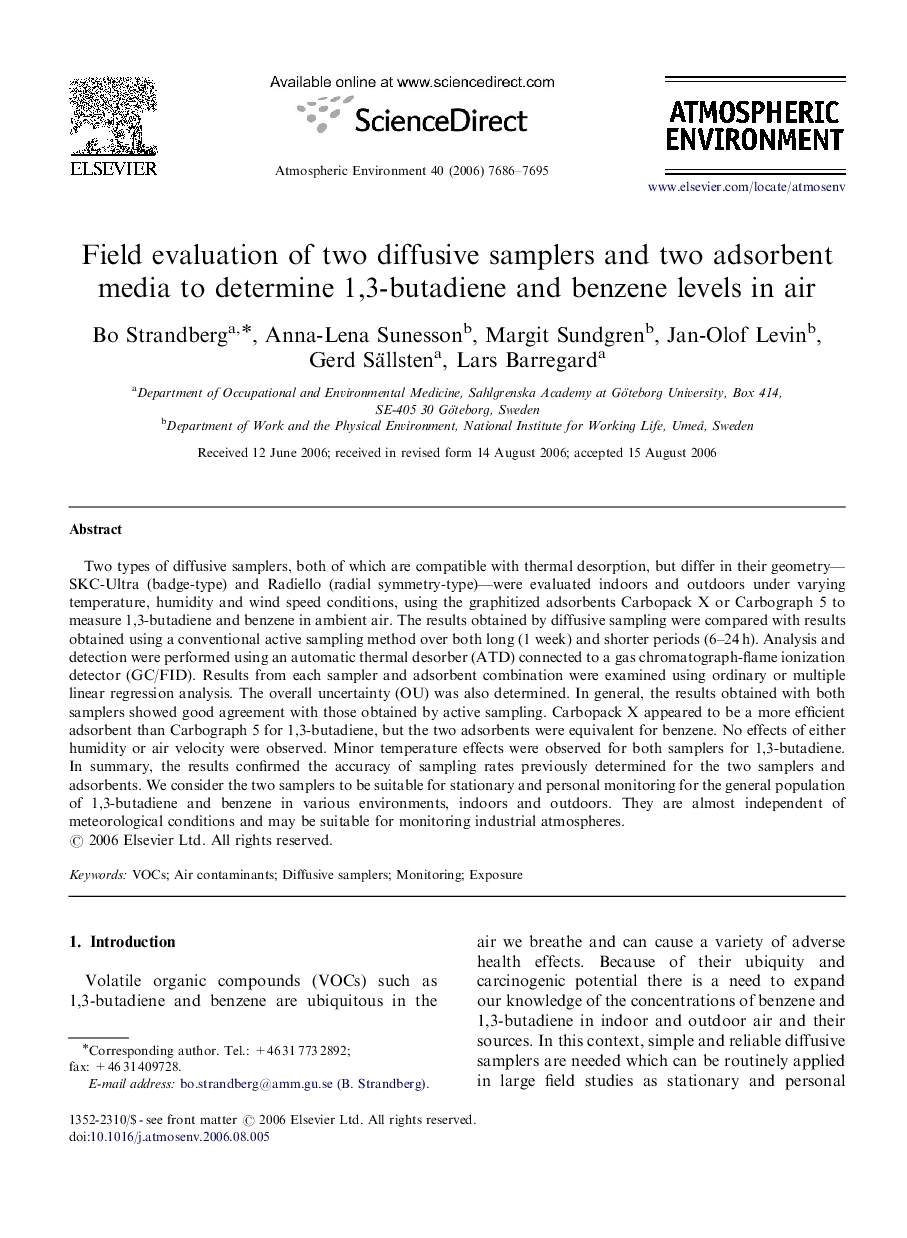 Field evaluation of two diffusive samplers and two adsorbent media to determine 1,3-butadiene and benzene levels in air