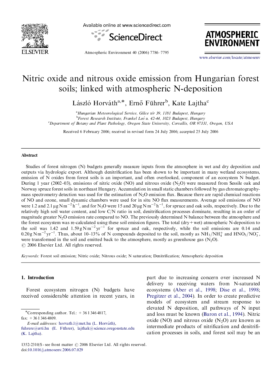 Nitric oxide and nitrous oxide emission from Hungarian forest soils; linked with atmospheric N-deposition