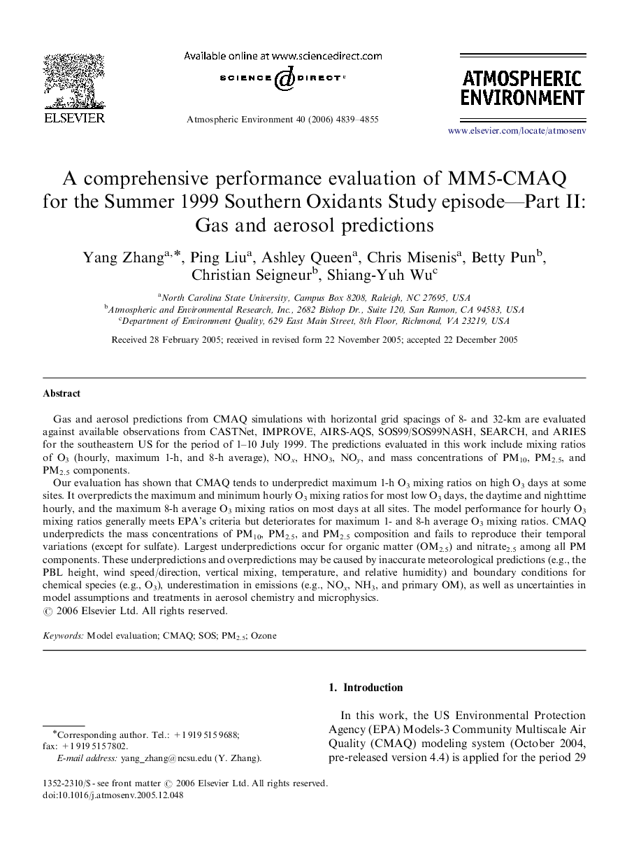 A comprehensive performance evaluation of MM5-CMAQ for the Summer 1999 Southern Oxidants Study episode—Part II: Gas and aerosol predictions