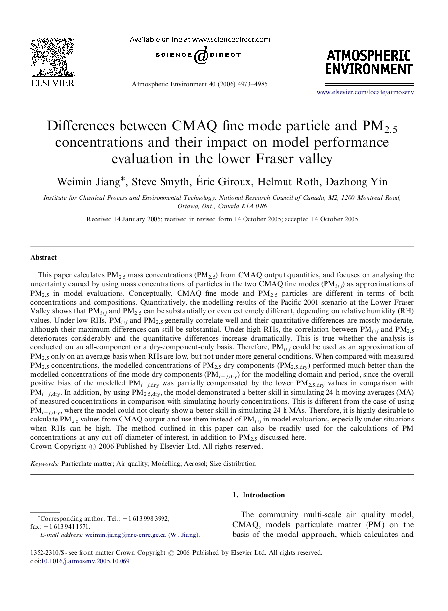 Differences between CMAQ fine mode particle and PM2.5 concentrations and their impact on model performance evaluation in the lower Fraser valley