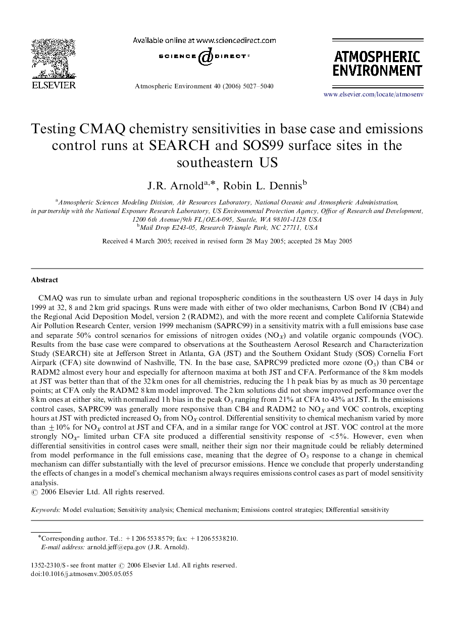 عکس صفحه اول مقاله: Testing CMAQ chemistry sensitivities in base case and emissions control runs at SEARCH and SOS99 surface sites in the southeastern US Testing CMAQ chemistry sensitivities in base case and emissions control runs at SEARCH and SOS99 surface sites in the southeastern US