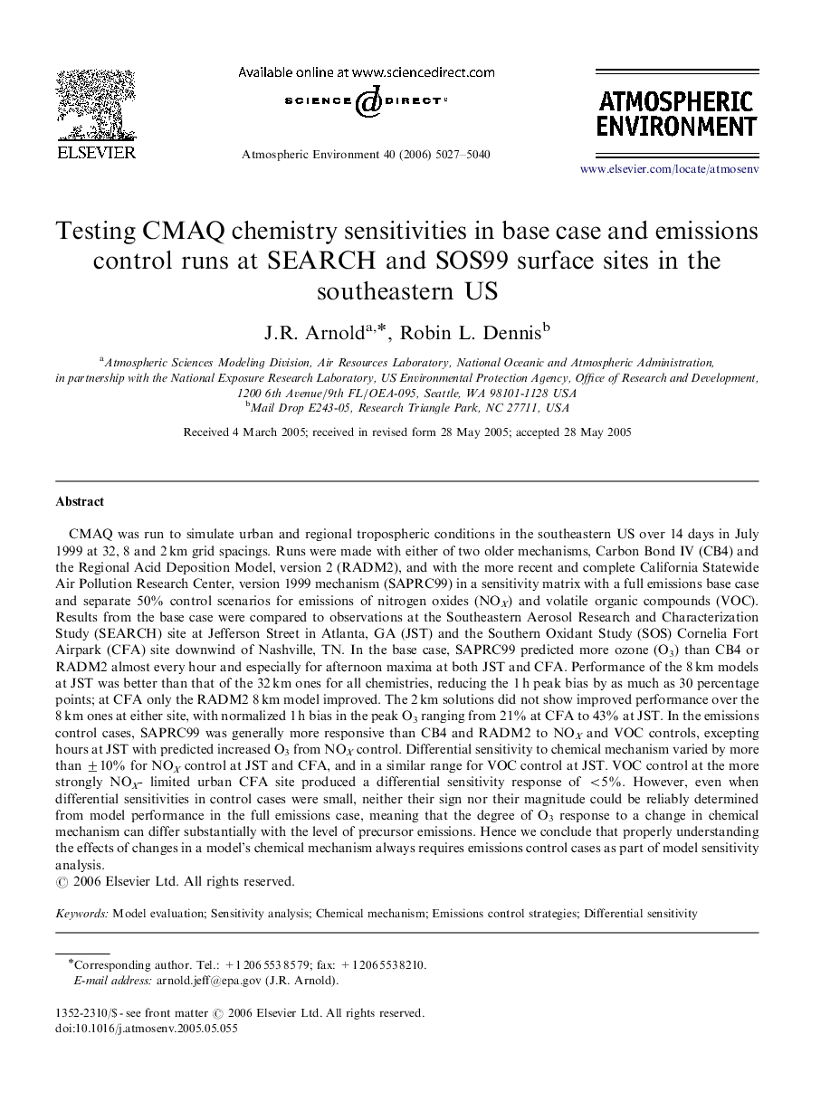 Testing CMAQ chemistry sensitivities in base case and emissions control runs at SEARCH and SOS99 surface sites in the southeastern US