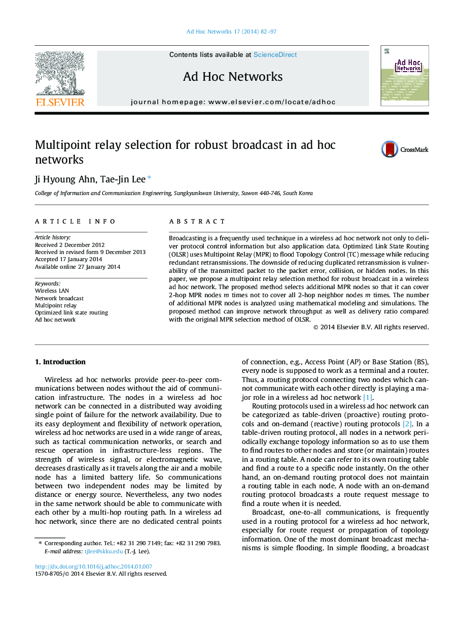 Multipoint relay selection for robust broadcast in ad hoc networks