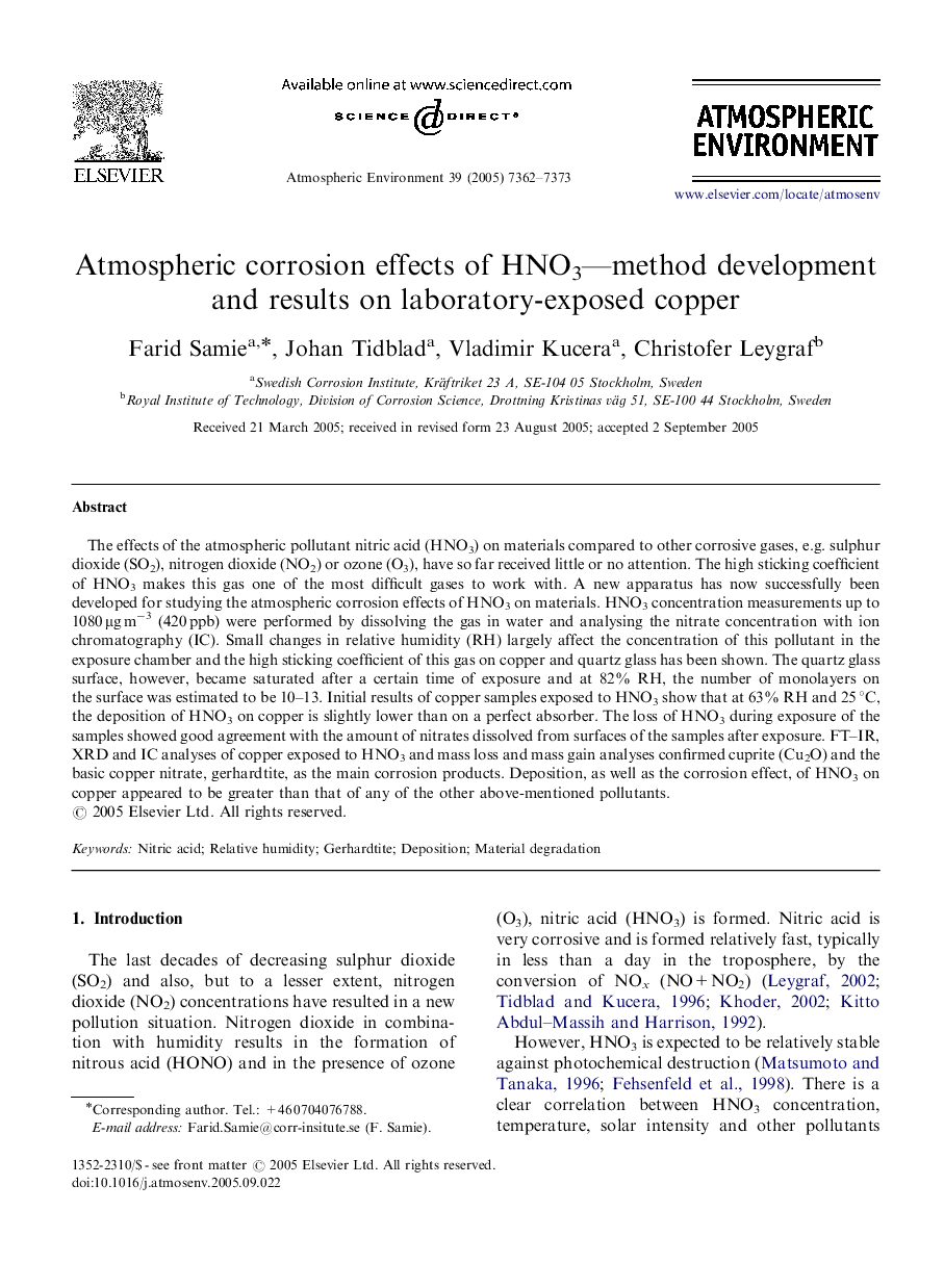 Atmospheric corrosion effects of HNO3—method development and results on laboratory-exposed copper