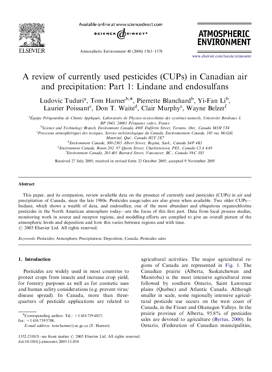 A review of currently used pesticides (CUPs) in Canadian air and precipitation: Part 1: Lindane and endosulfans