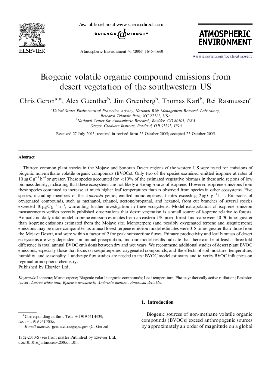 Biogenic volatile organic compound emissions from desert vegetation of the southwestern US