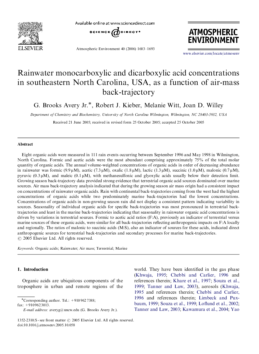 Rainwater monocarboxylic and dicarboxylic acid concentrations in southeastern North Carolina, USA, as a function of air-mass back-trajectory