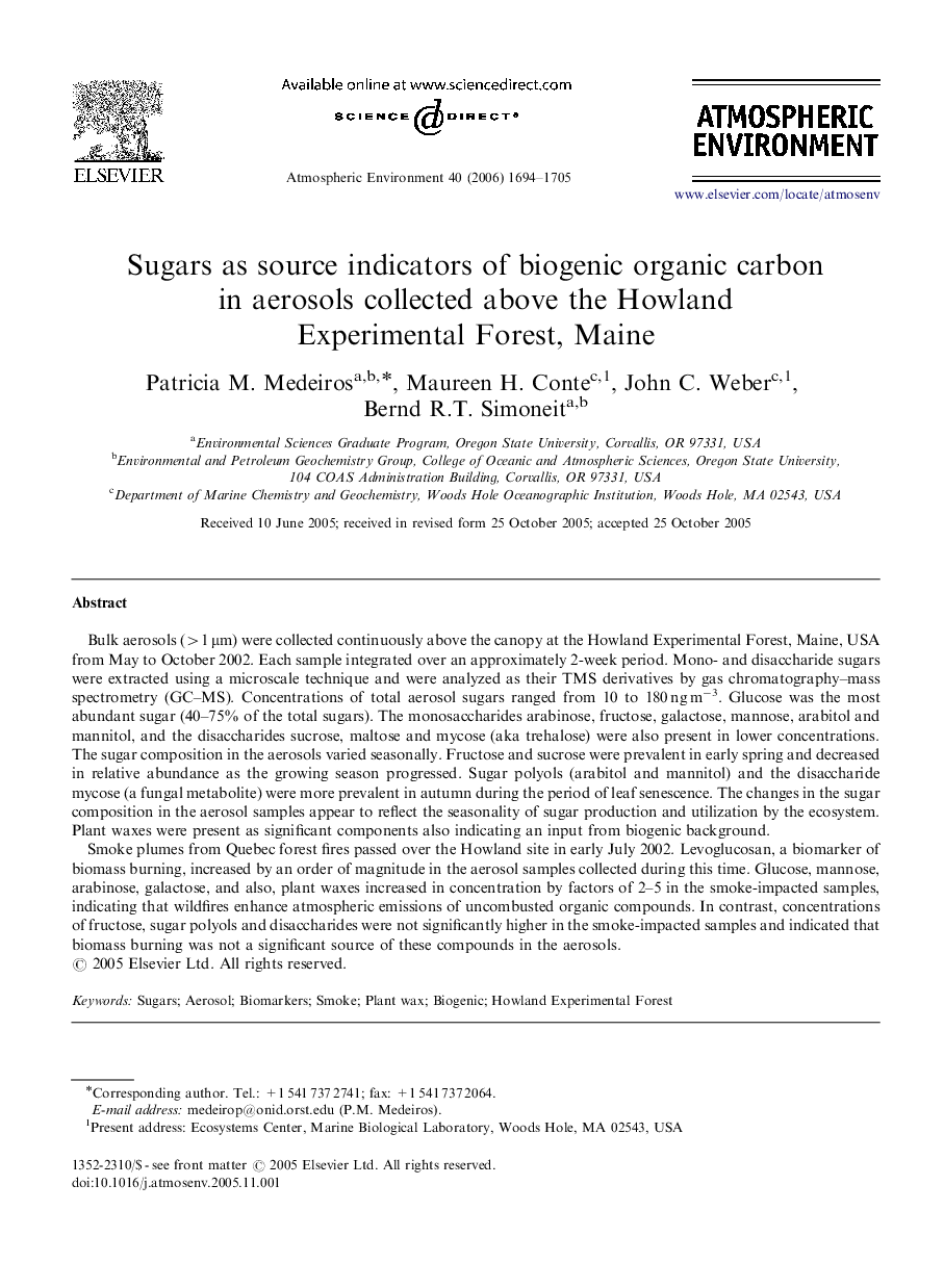 Sugars as source indicators of biogenic organic carbon in aerosols collected above the Howland Experimental Forest, Maine