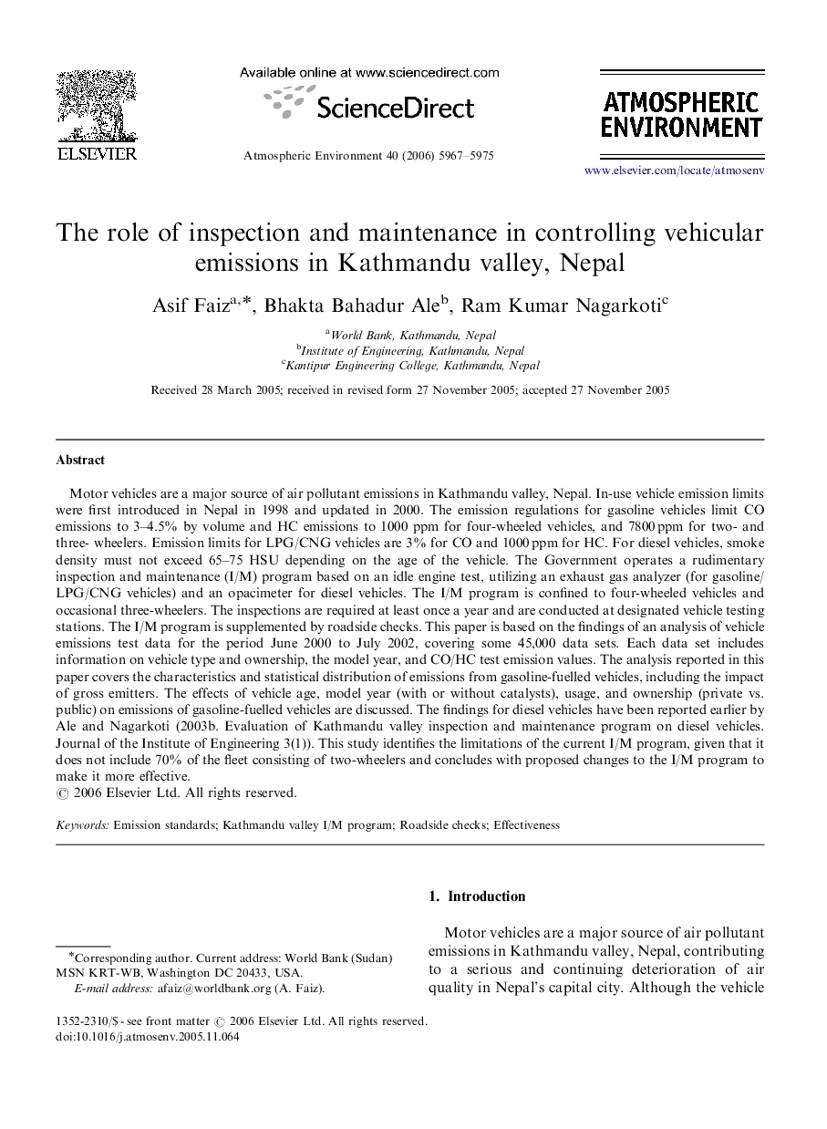 The role of inspection and maintenance in controlling vehicular emissions in Kathmandu valley, Nepal