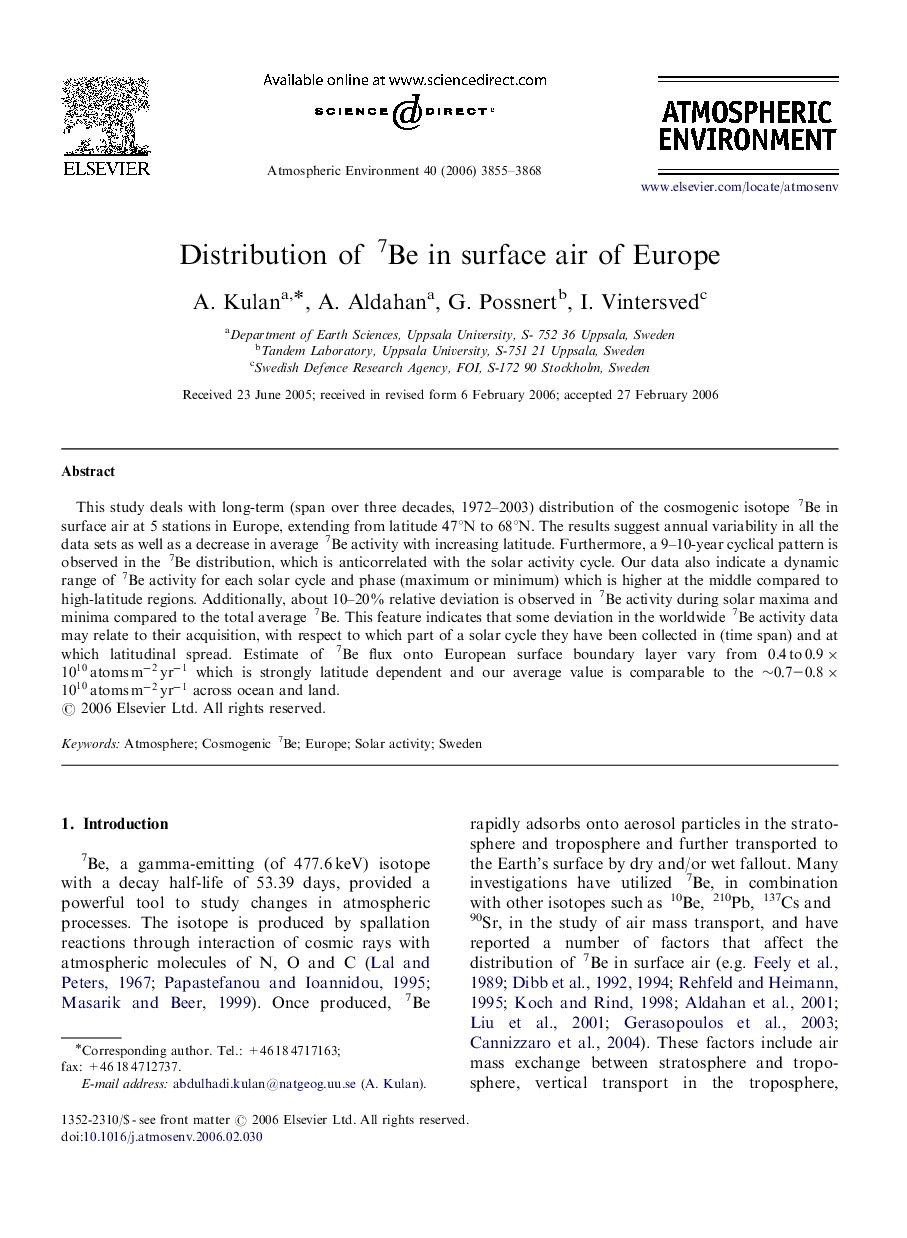 Distribution of 7Be in surface air of Europe