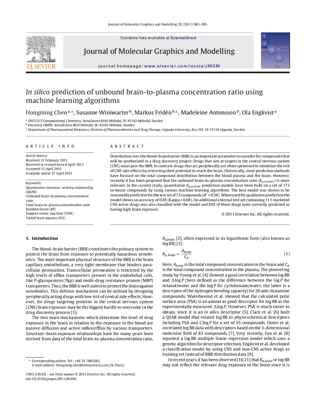 In silico prediction of unbound brain-to-plasma concentration ratio using machine learning algorithms