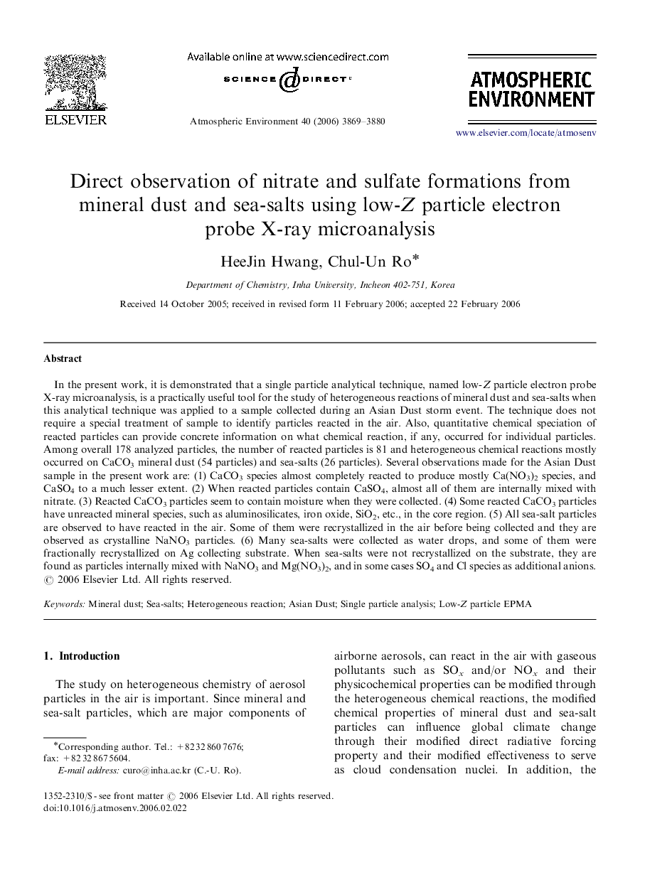 Direct observation of nitrate and sulfate formations from mineral dust and sea-salts using low-Z particle electron probe X-ray microanalysis