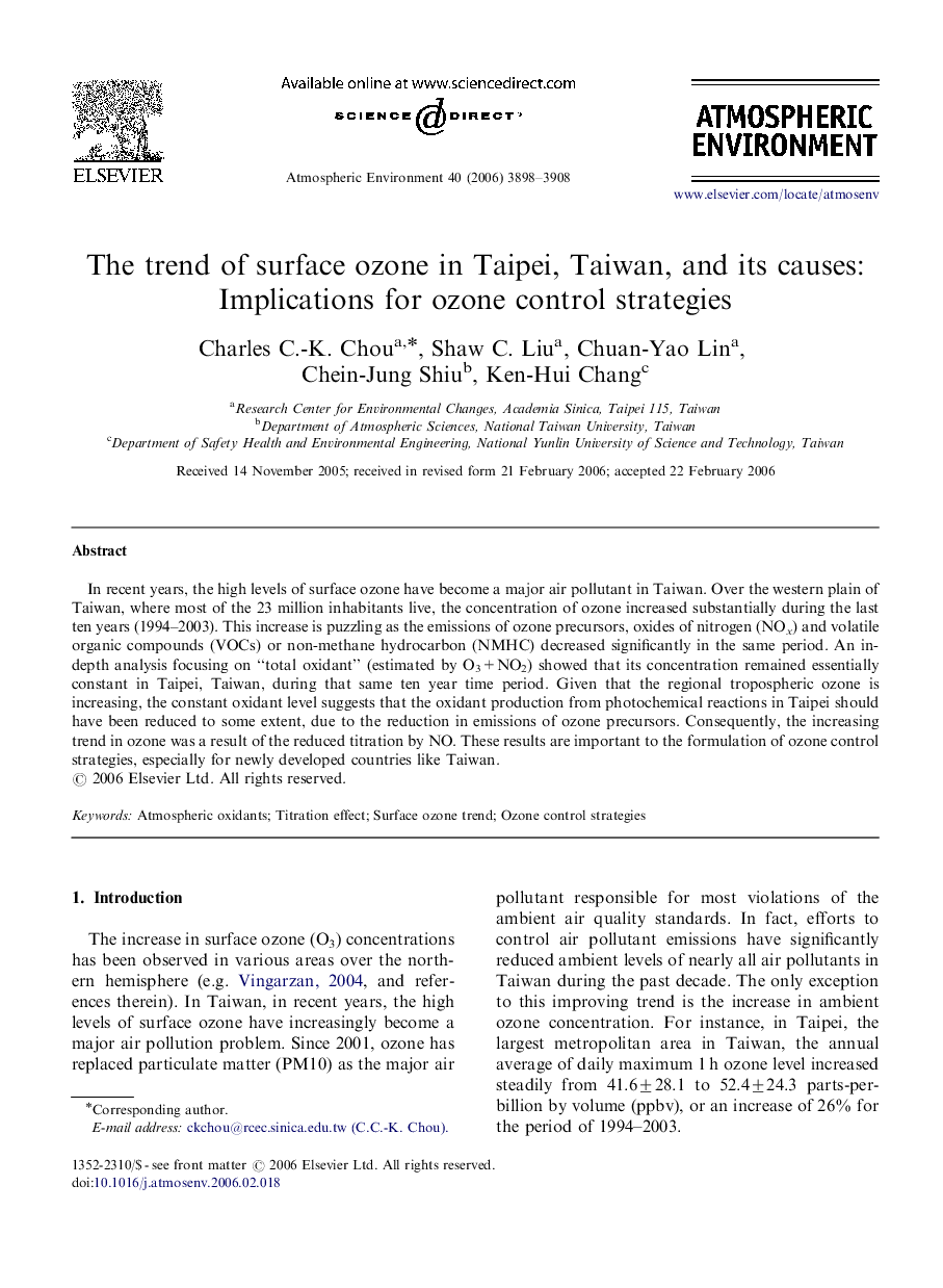 The trend of surface ozone in Taipei, Taiwan, and its causes: Implications for ozone control strategies