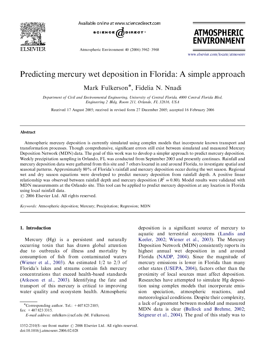 Predicting mercury wet deposition in Florida: A simple approach