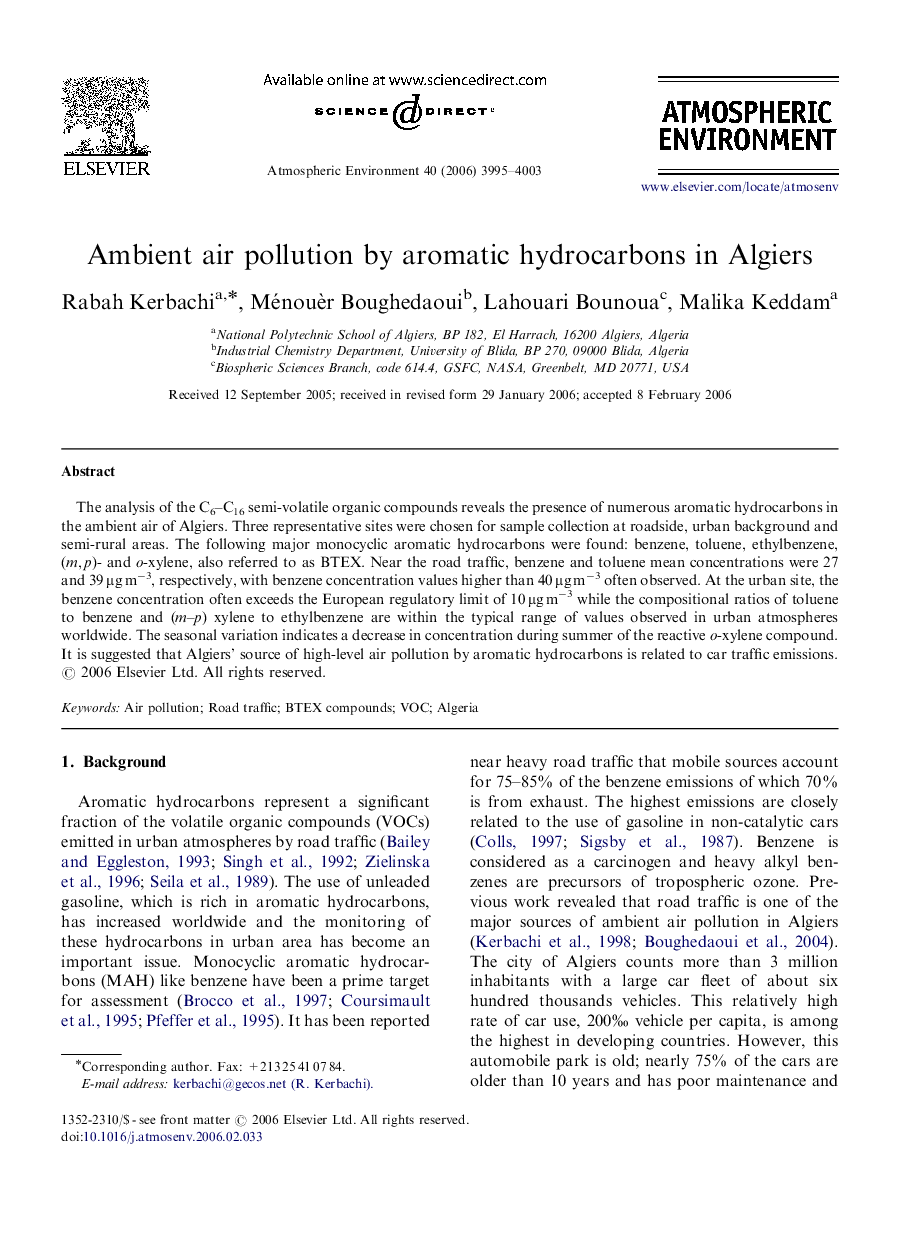 Ambient air pollution by aromatic hydrocarbons in Algiers