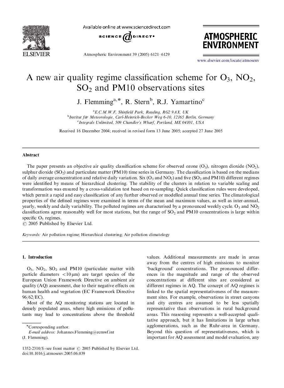 A new air quality regime classification scheme for O3, NO2, SO2 and PM10 observations sites