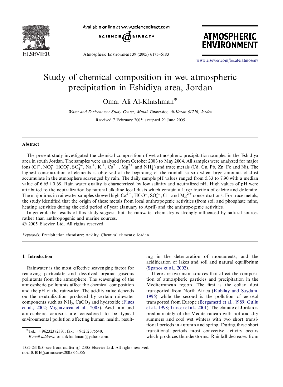 Study of chemical composition in wet atmospheric precipitation in Eshidiya area, Jordan