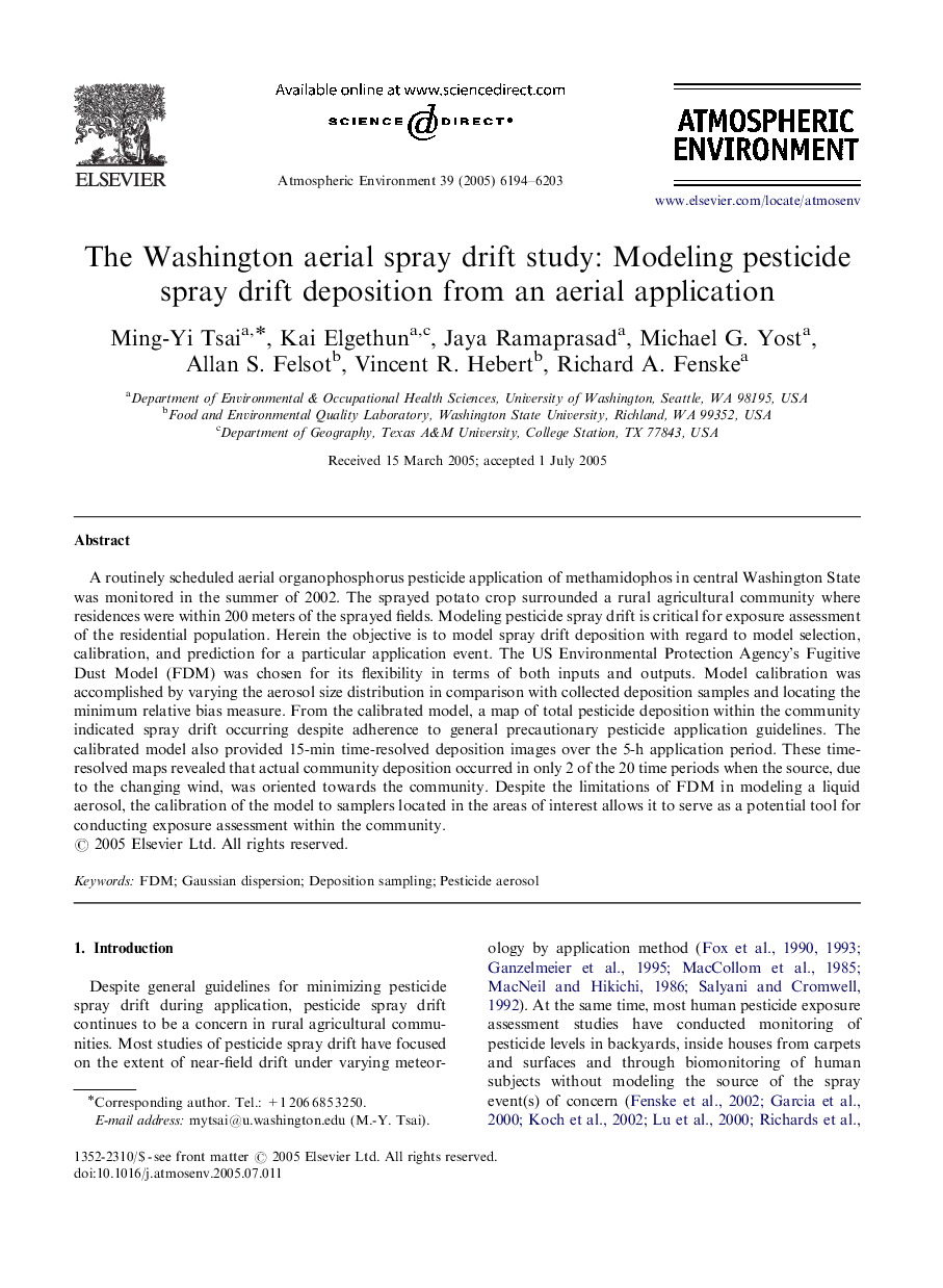 The Washington aerial spray drift study: Modeling pesticide spray drift deposition from an aerial application