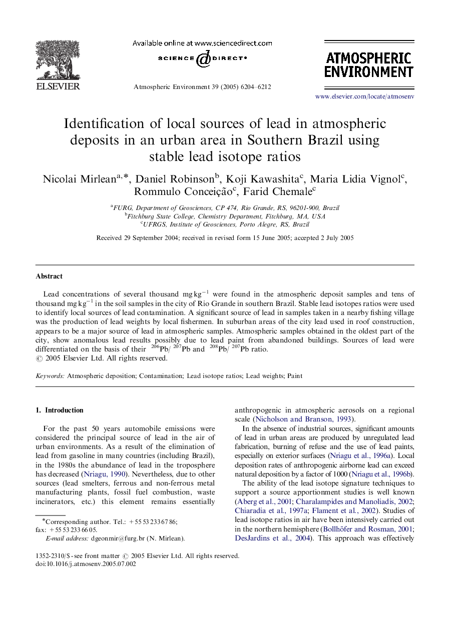 Identification of local sources of lead in atmospheric deposits in an urban area in Southern Brazil using stable lead isotope ratios