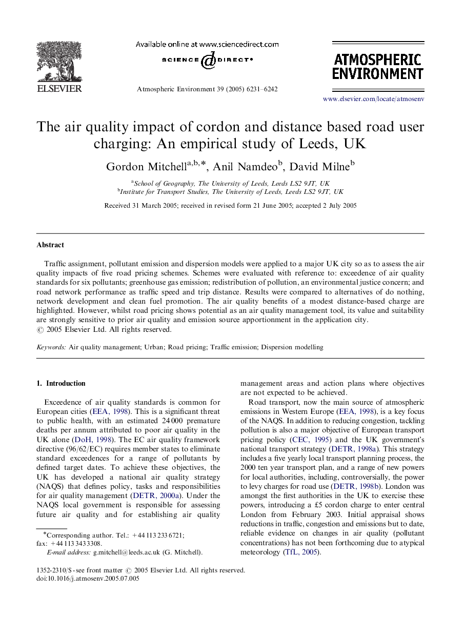 The air quality impact of cordon and distance based road user charging: An empirical study of Leeds, UK