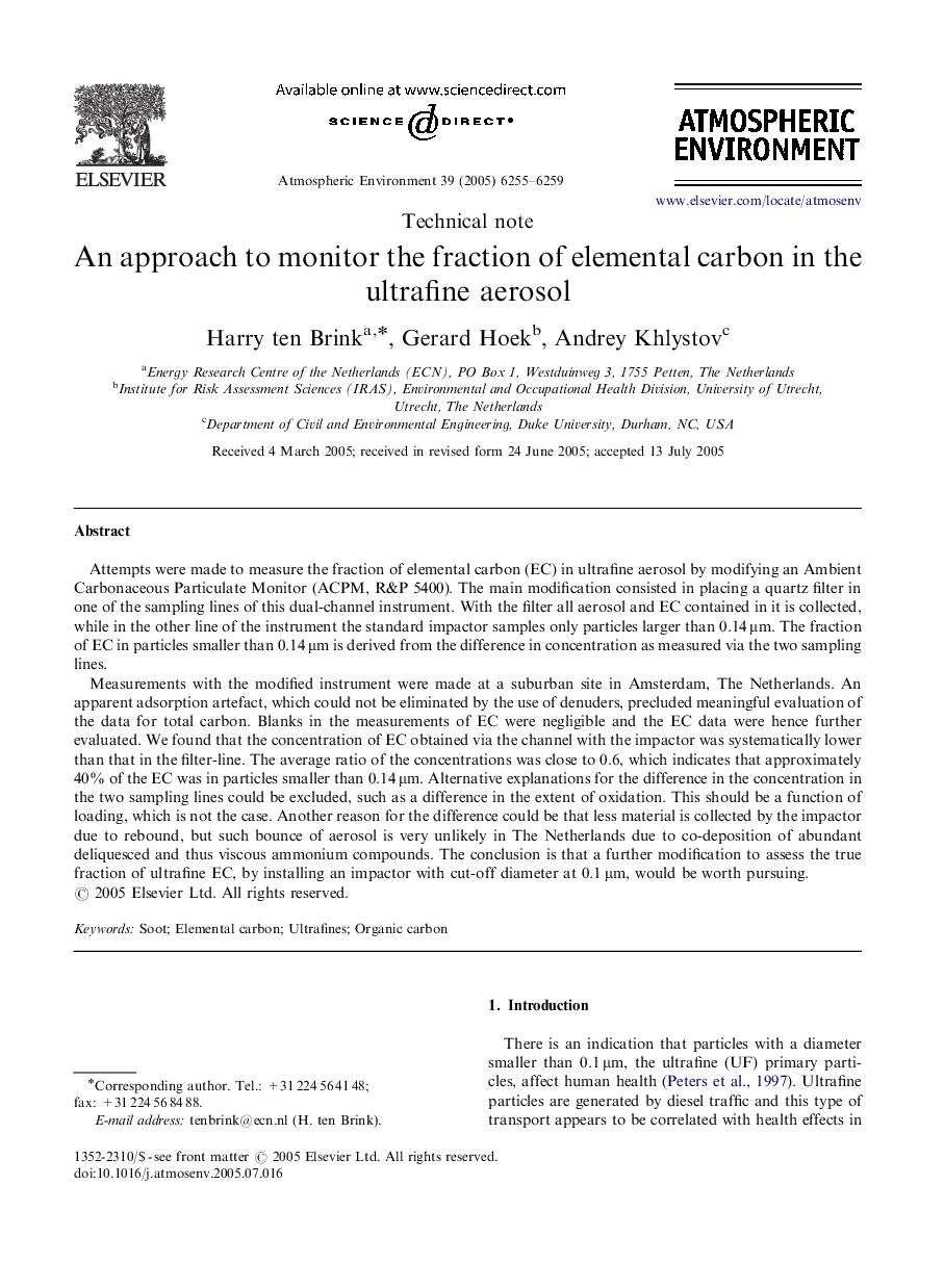 An approach to monitor the fraction of elemental carbon in the ultrafine aerosol