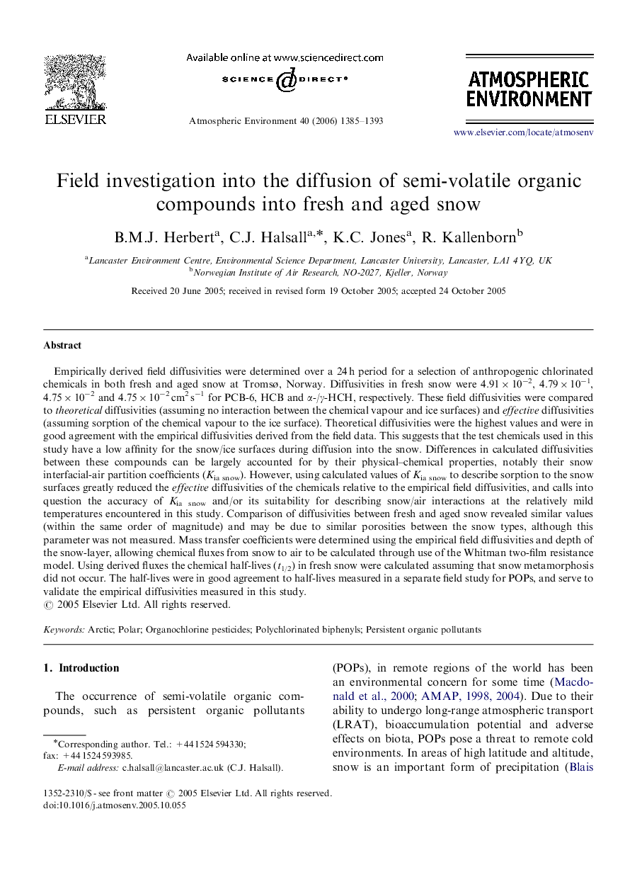 Field investigation into the diffusion of semi-volatile organic compounds into fresh and aged snow