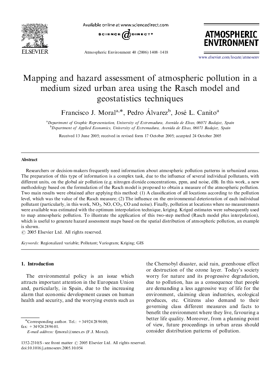 Mapping and hazard assessment of atmospheric pollution in a medium sized urban area using the Rasch model and geostatistics techniques